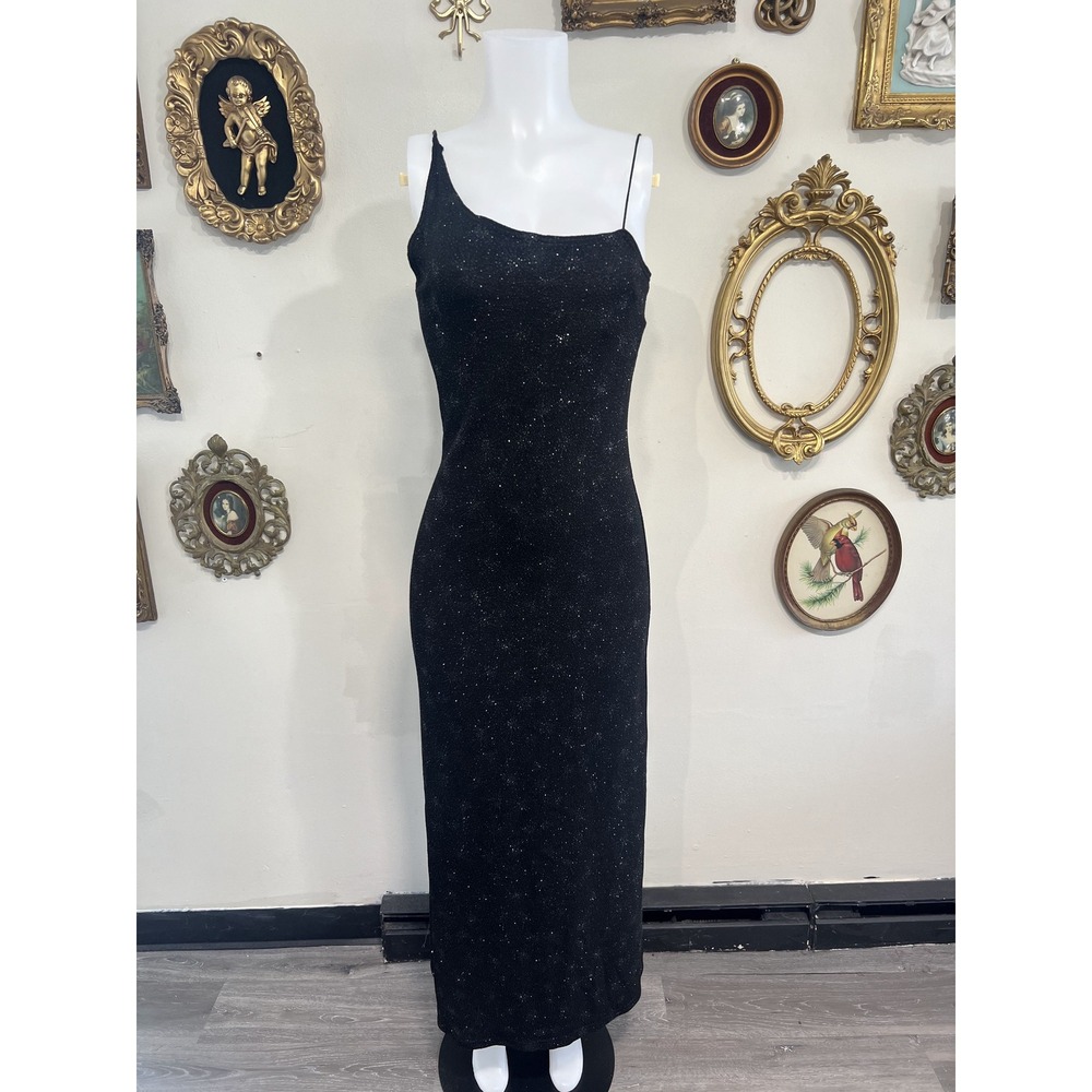Byer Too! Vintage Y2K Black Glitter Sparkle Asymmetrical Strap Maxi Dress Size L